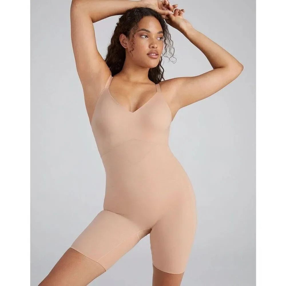 New Women's HONEYLOVE Beige SuperPower Mid Thigh Bodysuit Size XL